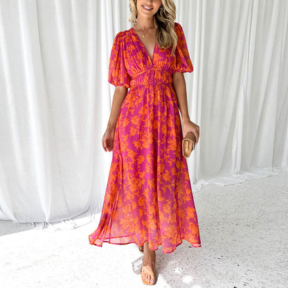Women's Elegant Summer Maxi Dress with Flattering V-Neckline and Flowing Silhouette