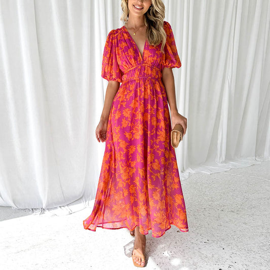Women's Elegant Summer Maxi Dress with Flattering V-Neckline and Flowing Silhouette