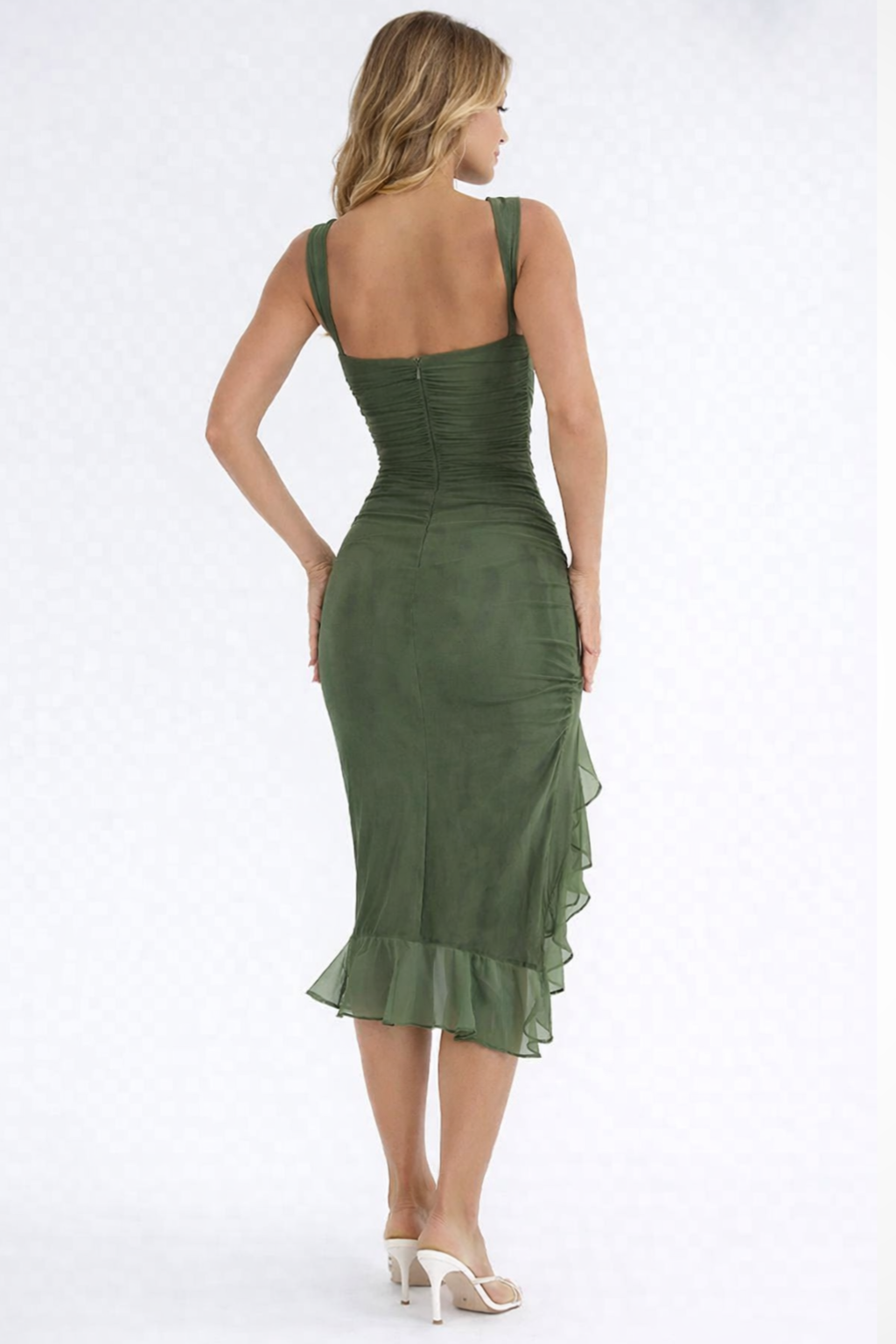 Women’s Sleeveless Ruched Midi Dress with Asymmetrical Hem