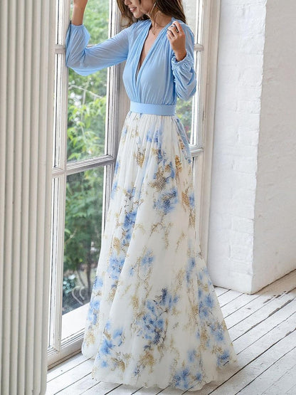Flowy Floral Maxi Dress with V-Neck for Women