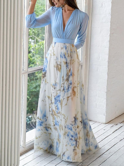 Flowy Floral Maxi Dress with V-Neck for Women