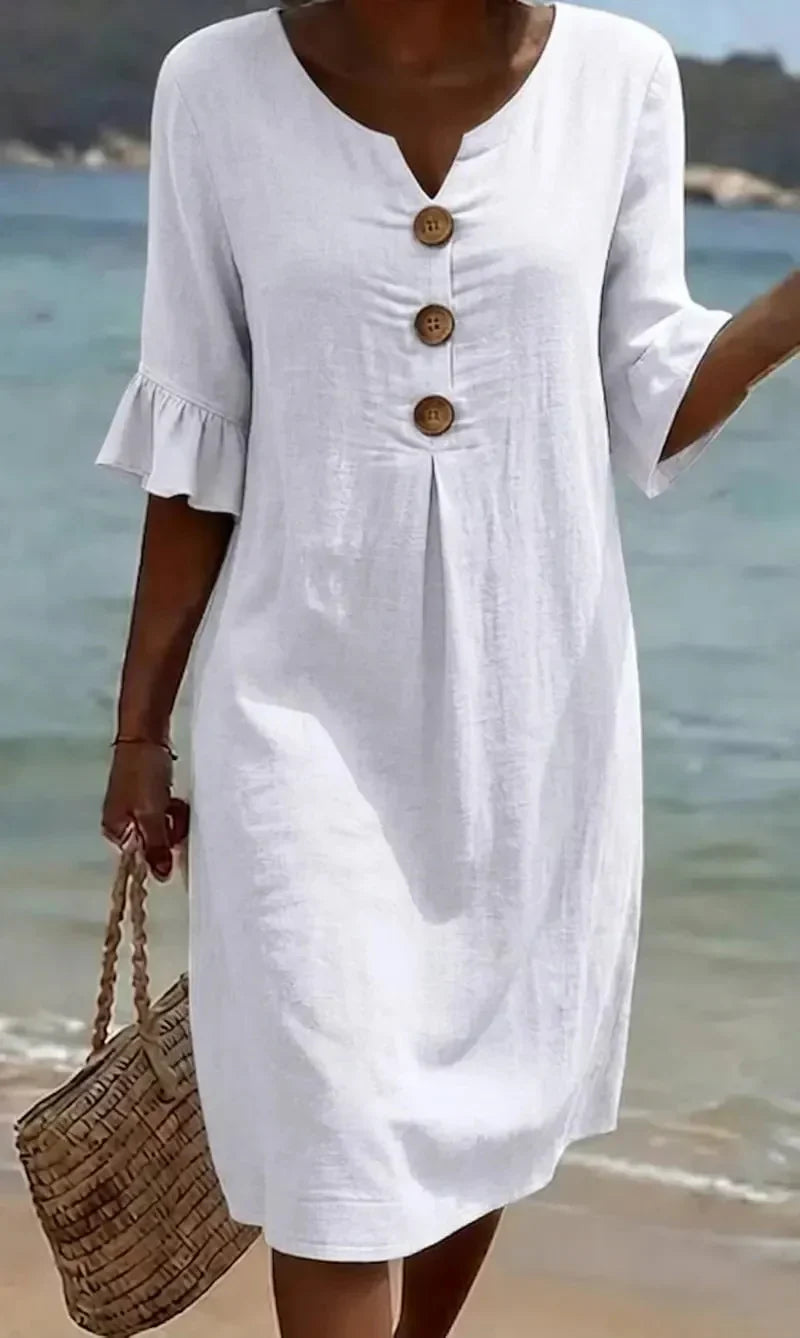 Women’s Button-Front Casual Midi Dress with Ruffle Sleeves