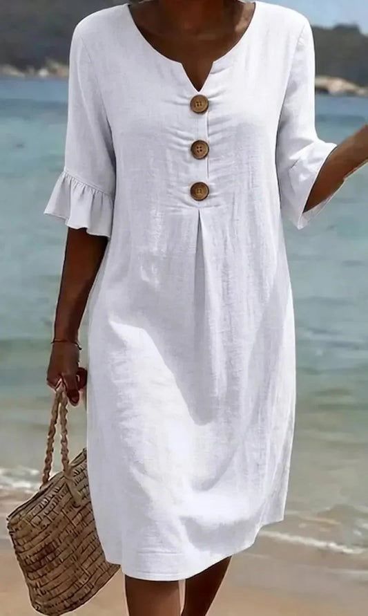 Women’s Button-Front Casual Midi Dress with Ruffle Sleeves