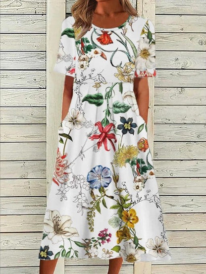 Women's Fresh Floral A-Line Round Neck Midi Dress