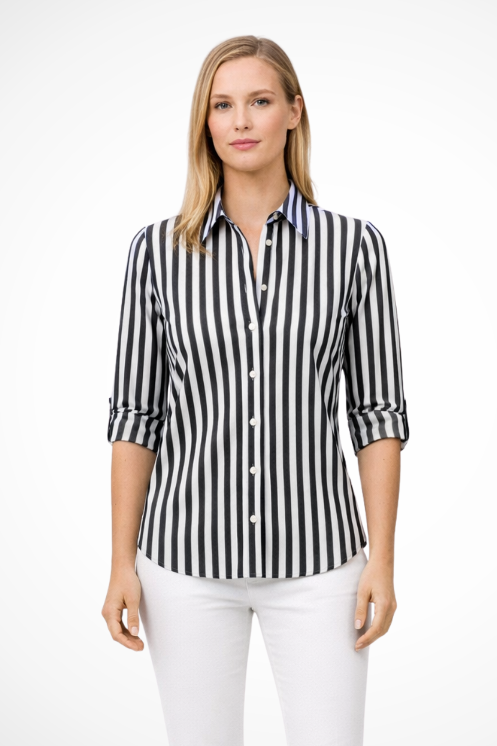 Women’s Classic Striped Button-Up Slim Fit Long Sleeve Blouse