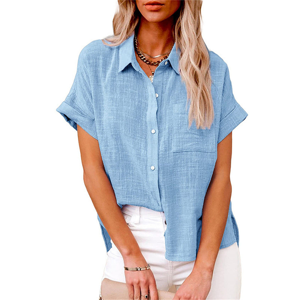 Relaxed Button-Up Short Sleeve Casual Blouse for Women