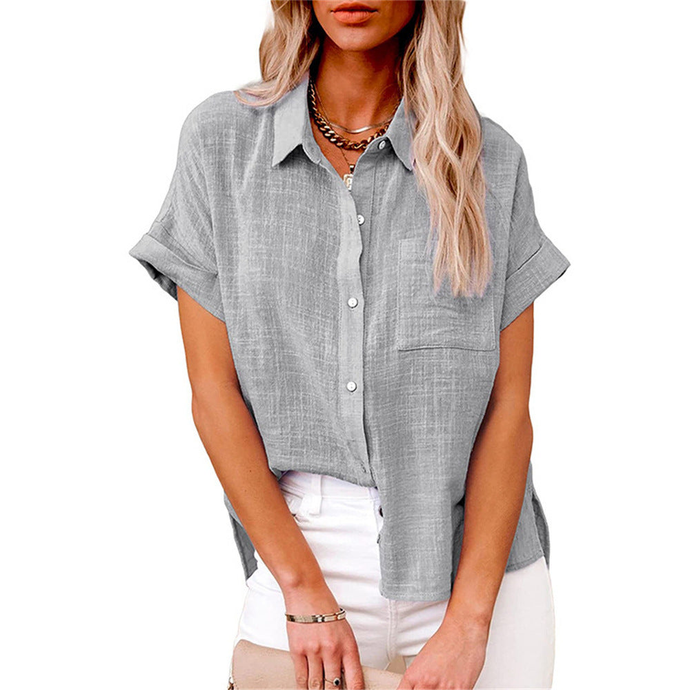 Relaxed Button-Up Short Sleeve Casual Blouse for Women