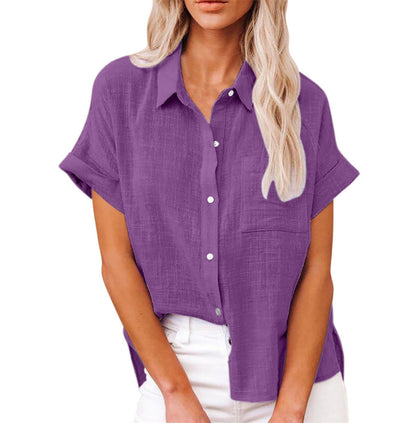 Relaxed Button-Up Short Sleeve Casual Blouse for Women