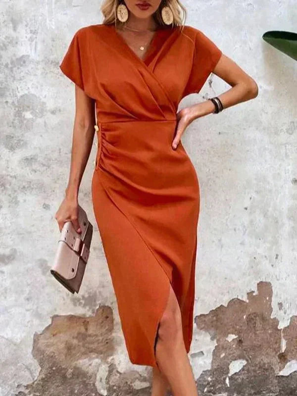 Adeline Elegant Draped Orange Midi Dress for Women
