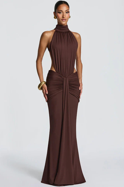 Women’s Backless Halter Neck Ruched Maxi Dress
