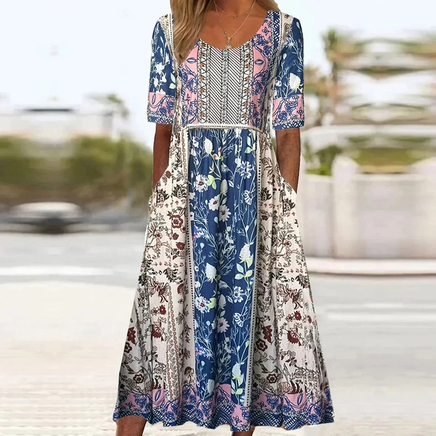 Women's Boho Print Square Neck Shirred Midi Dress