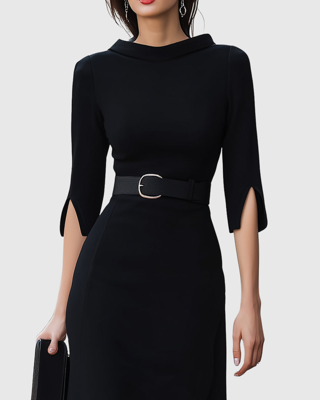 Black Midi Dress with Belt Short Sleeve for Women