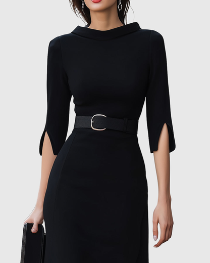 Black Midi Dress with Belt Short Sleeve for Women