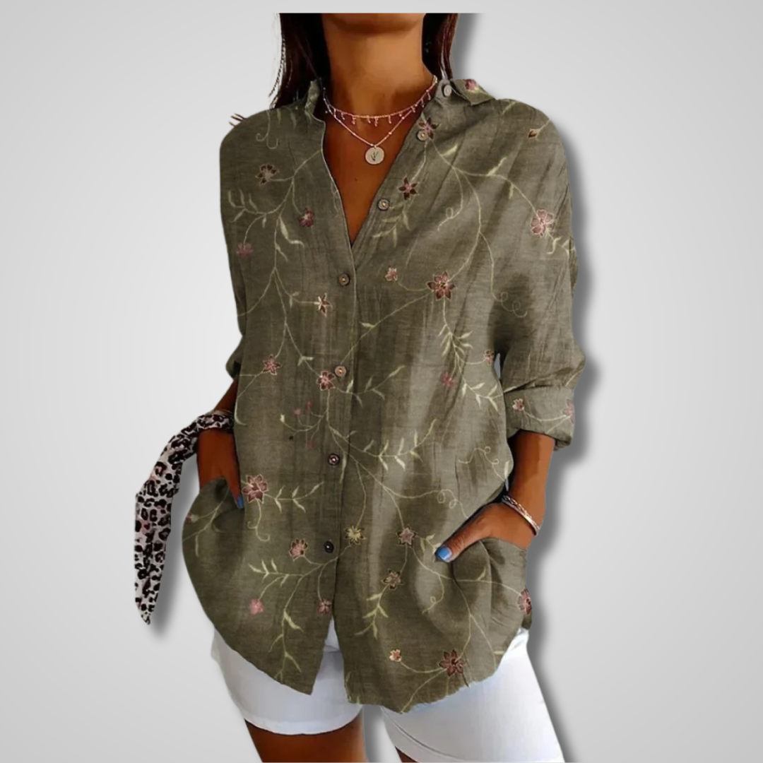 Women’s Artistic Print Button-Up Blouse with Bohemian Style