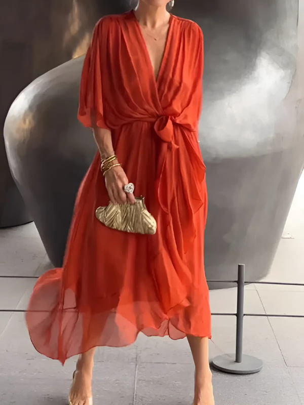 Flowy V-Neck Belted Maxi Dress for Women