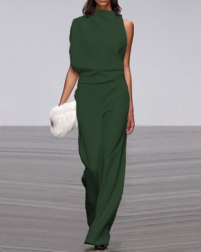 One-Shoulder High Neck Wide-Leg Evening Jumpsuit