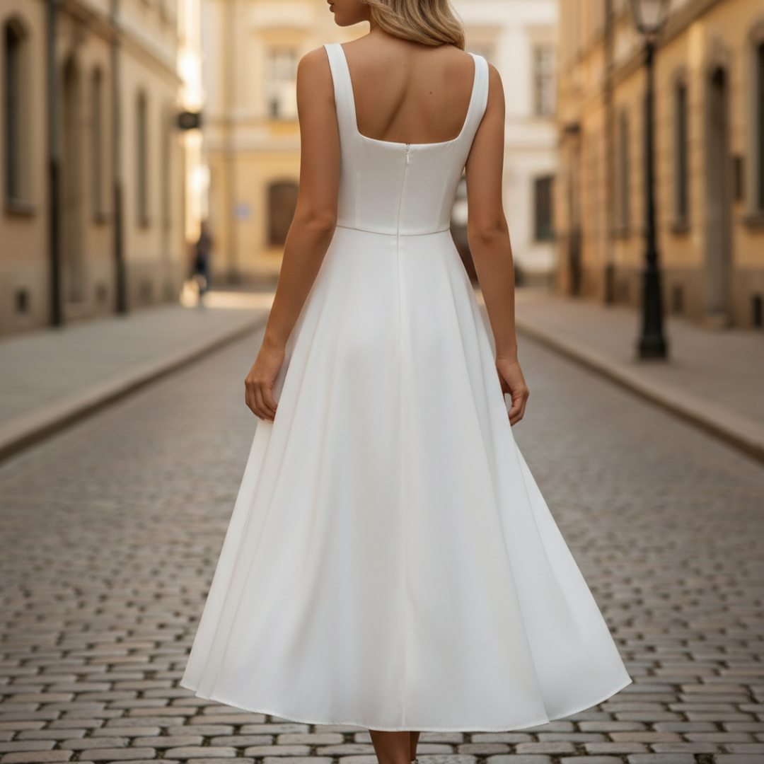 White Square Neck Sleeveless A-Line Midi Dress for Women