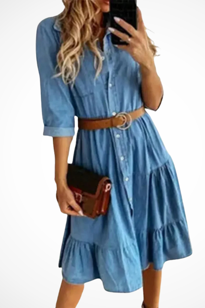 Women’s Denim Midi Dress with Ruffle Hem