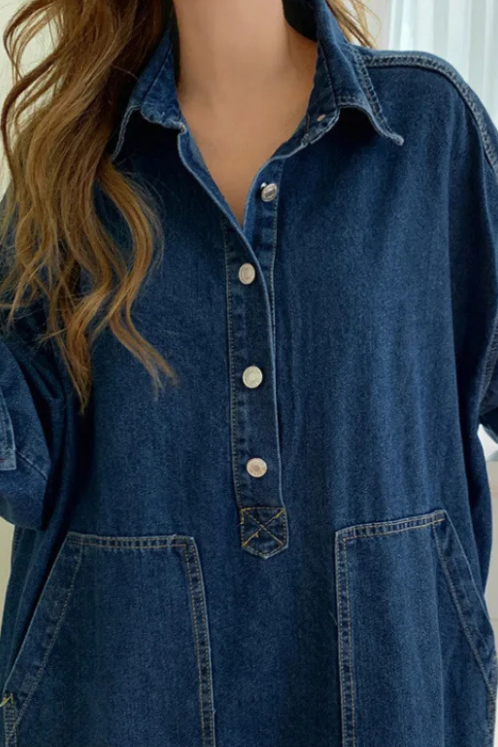 Women’s Oversized Denim Maxi Shirt Dress with Pockets