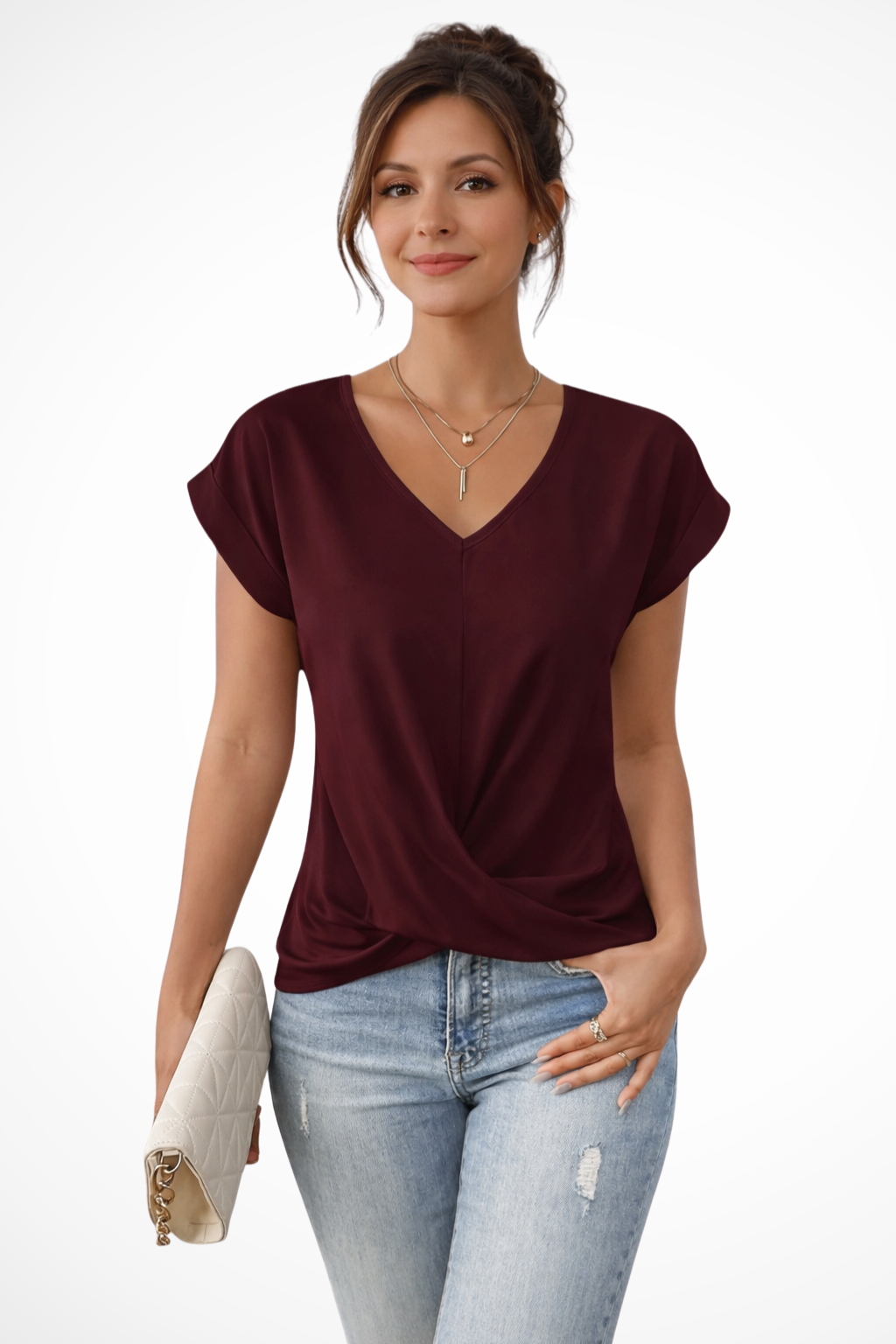 Women’s Casual V-Neck Twist Hem Draped Blouse