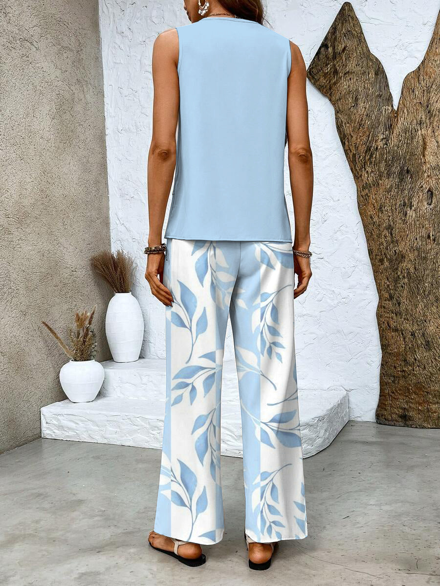 Women's Sleeveless Top and Wide-Leg Printed Pants Set
