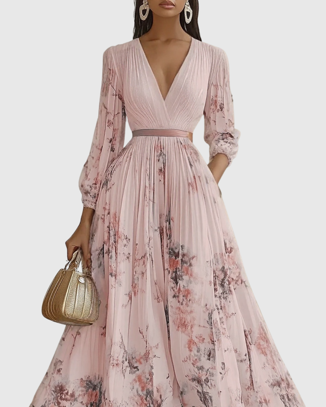 Pleated Maxi Dress with Long Sleeves for Women