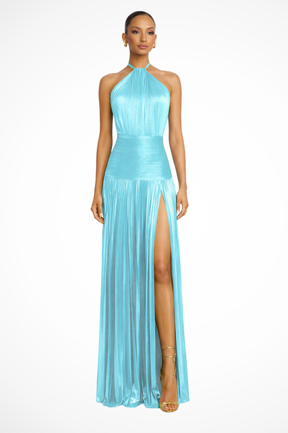 Elegant Halter Neck Satin Wedding Guest Maxi Dress