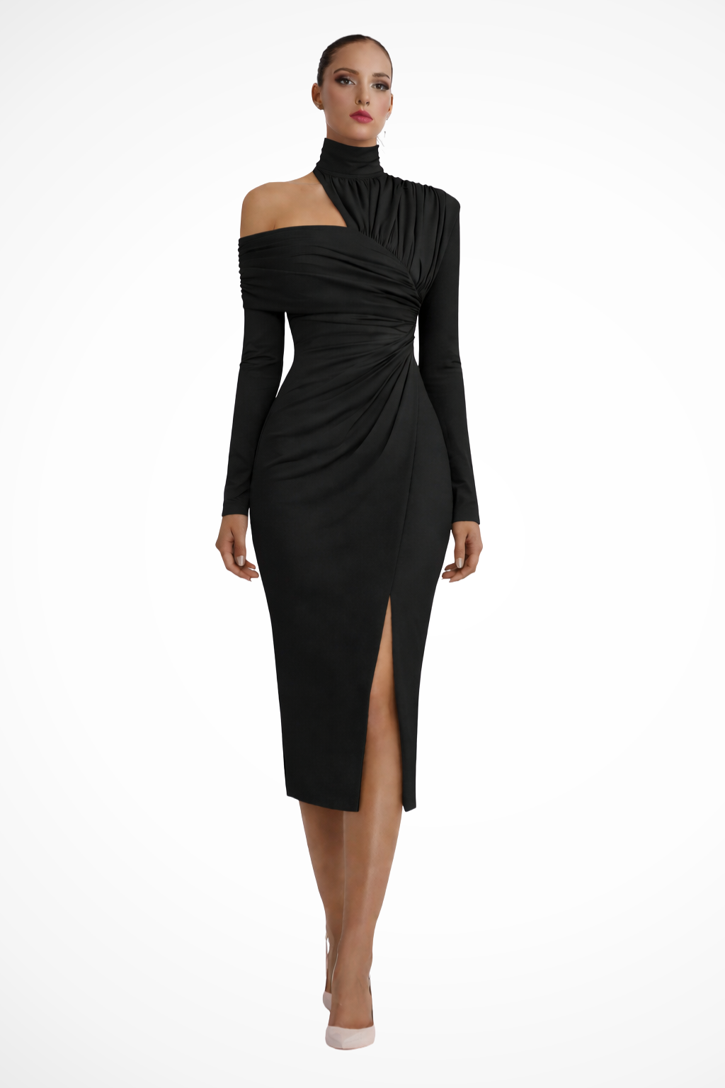 Women’s One-Shoulder Ruched Midi Dress with Side Slit