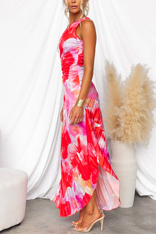 Women’s One-Shoulder Floral Pleated Maxi Dress with Elegant Draping