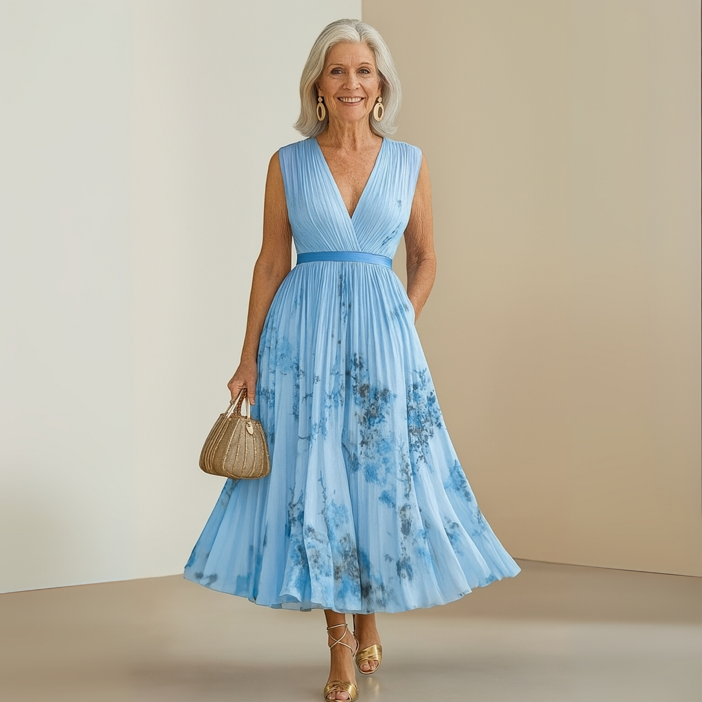 Women’s Elegant Floral Pleated Midi Dress