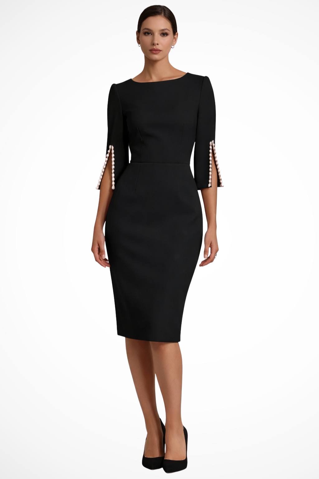 Women’s Elegant Pearl Sleeve Midi Dress for Office Formal Occasions