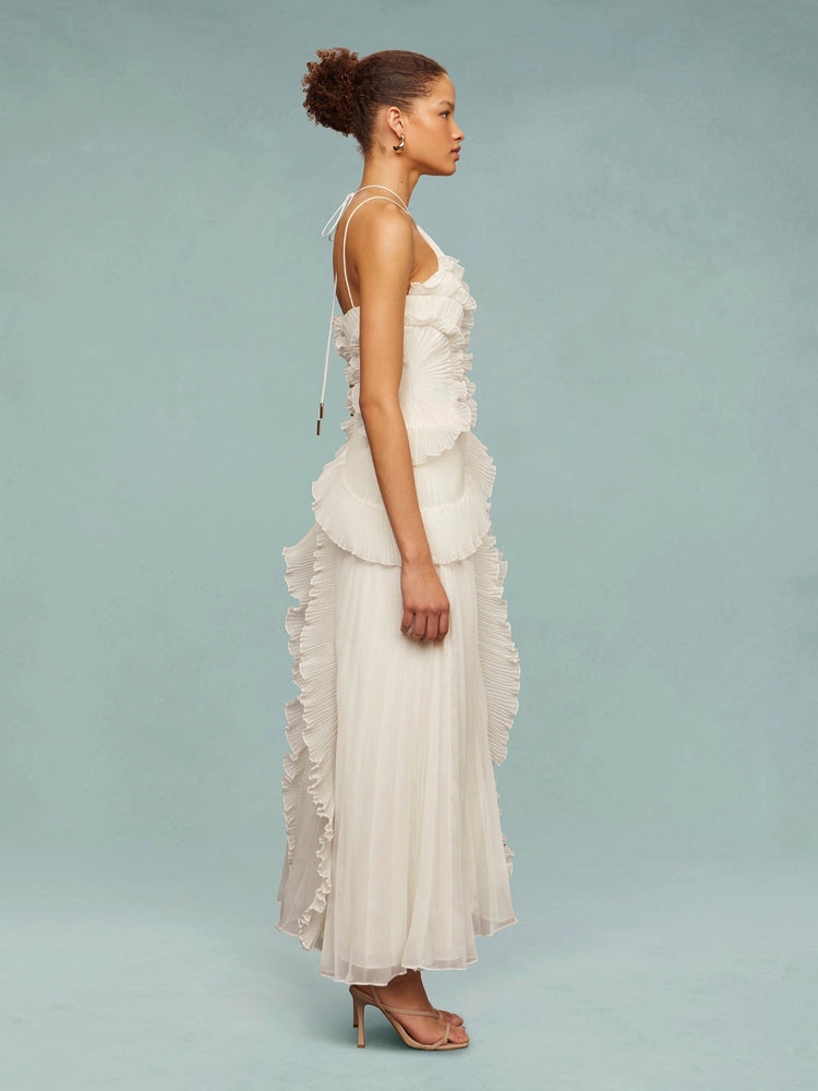 Women’s One-Shoulder Ruffle Maxi Dress with Pleated Details