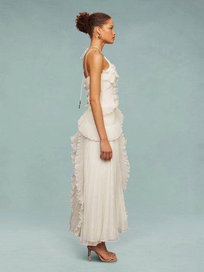 Women’s One-Shoulder Ruffle Maxi Dress with Pleated Details