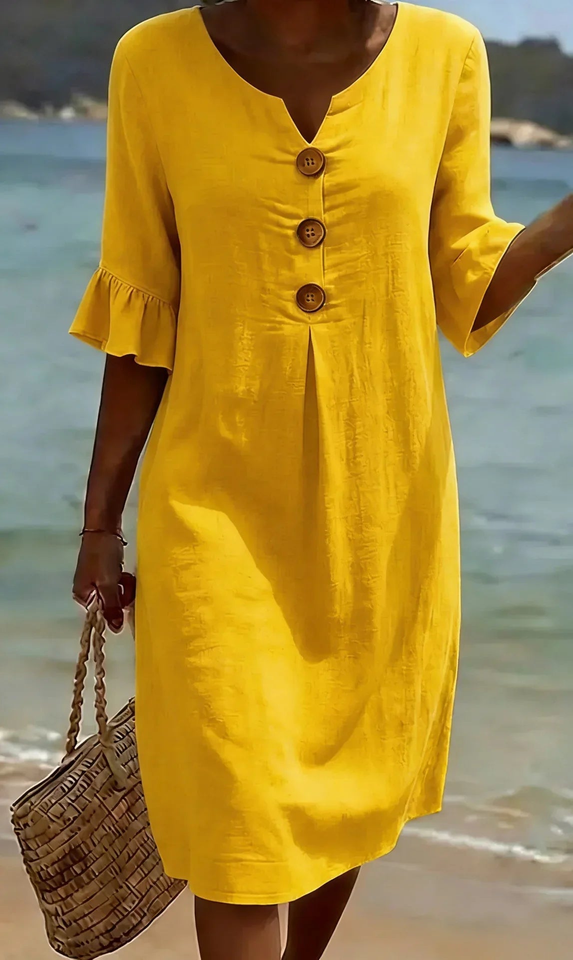 Women’s Button-Front Casual Midi Dress with Ruffle Sleeves