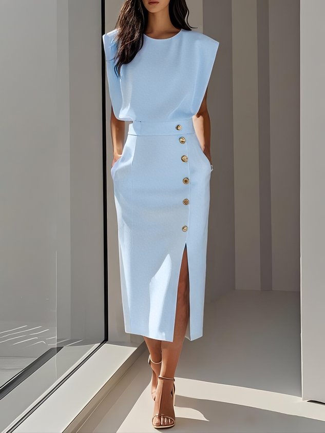 Elegant Sleeveless Midi Dress with Side Slit and Gold Button Detail