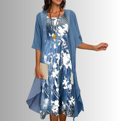 Women's Floral Midi Dress And Cardigan Set