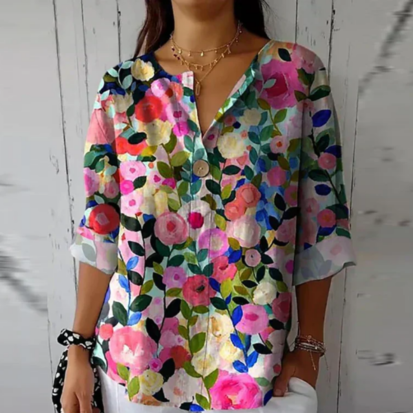 Floral V-Neck Blouse Women Loose Fit Summer Style