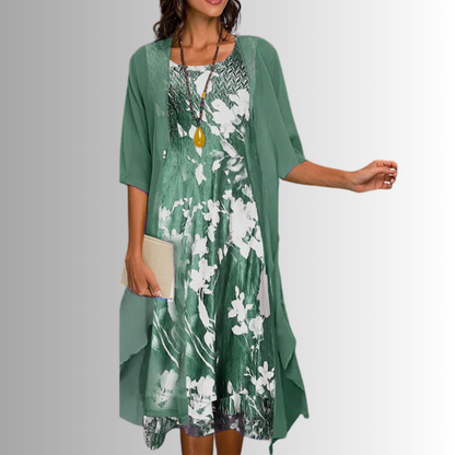 Women's Floral Midi Dress And Cardigan Set