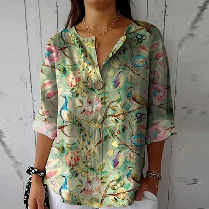 Floral V-Neck Blouse Women Loose Fit Summer Style