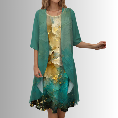 Women's Floral Midi Dress And Cardigan Set