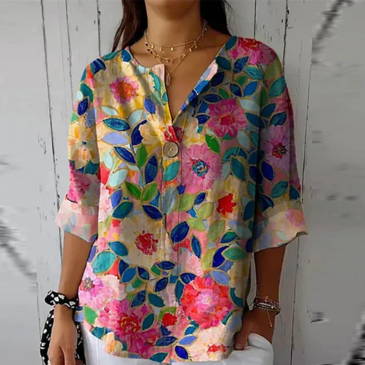 Floral V-Neck Blouse Women Loose Fit Summer Style