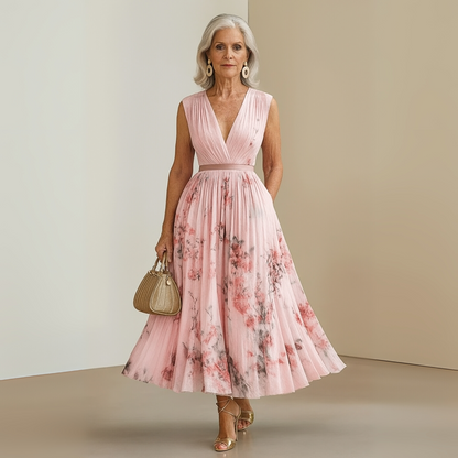 Women’s Elegant Floral Pleated Midi Dress