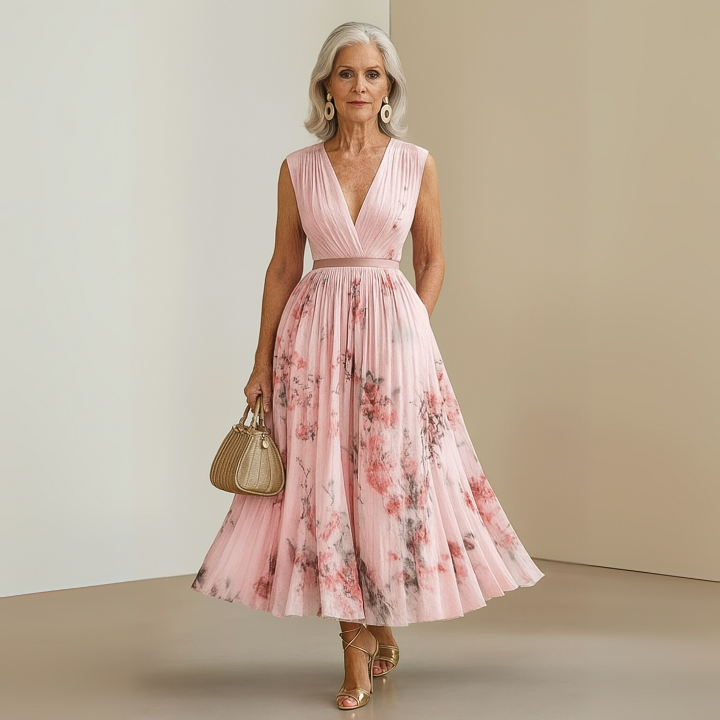 Floral V-Neck Sleeveless Midi Dress for Women