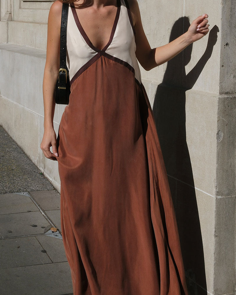 Women’s Contrast Trim Maxi Dress with Deep V-Neckline
