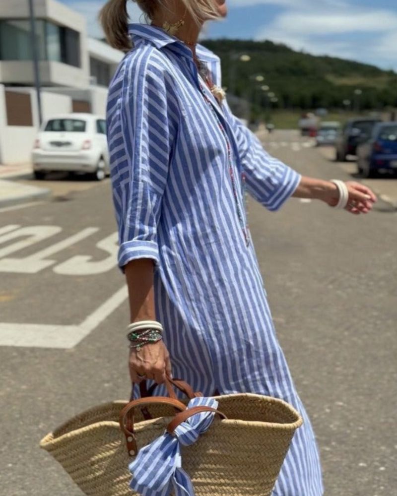 Striped Relaxed Fit Midi Dress for Women