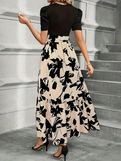 Women’s Floral Print Maxi Dress with Elegant Contrast Bodice