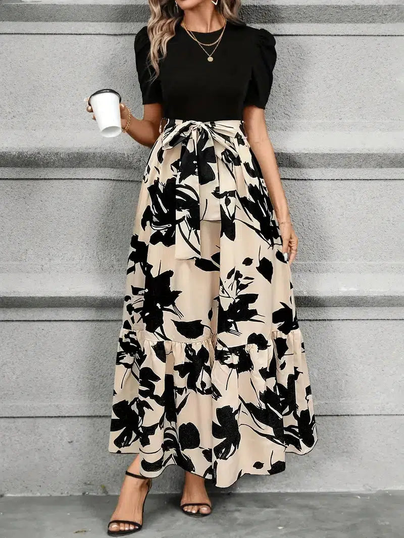 Elegant Women’s Floral Maxi Dress with Tie Waist