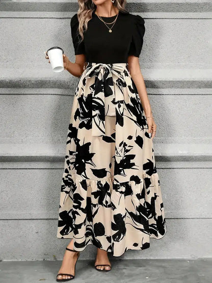 Women’s Floral Print Maxi Dress with Elegant Contrast Bodice