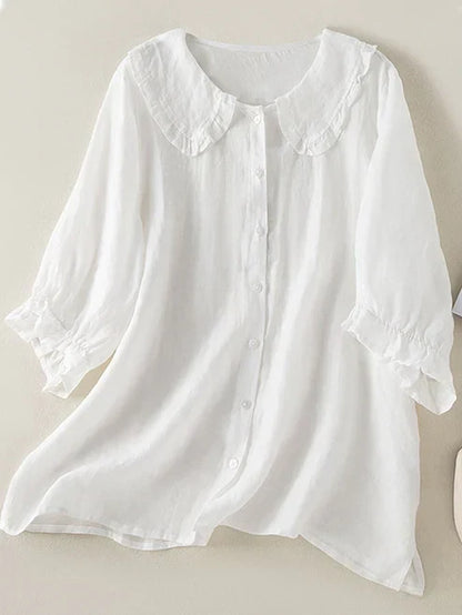 Women's Cotton Linen Peter Pan Ruffle Collar Shirt