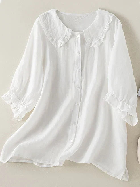 Women's Cotton Linen Peter Pan Ruffle Collar Shirt